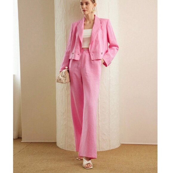 PINK LINEN FOLD PLEATED STRAIGHT LEG SUIT PANTS - Picture 8 of 8